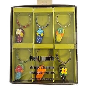 Pier 1 Imports Drink Charms Flip Flops w/Flower and Beaded Ring 6 Pieces (NIB)